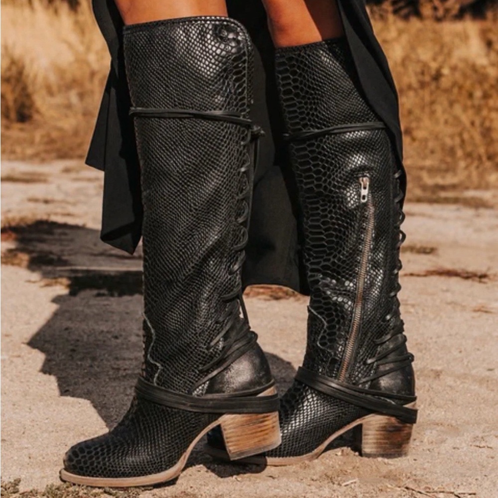 Freebird by Steven Black Snake-Embossed Knee Boots with Wrap Strap